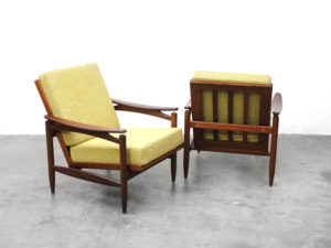 Bebop-60er jaren fauteuil-gele stof-teak hout