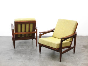 Bebop-60er jaren fauteuil-gele stof-teak hout
