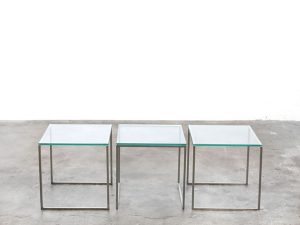 Bebop-minimalistische glazen bijzettafel-set van drie-vintage furniture-bebopvintage