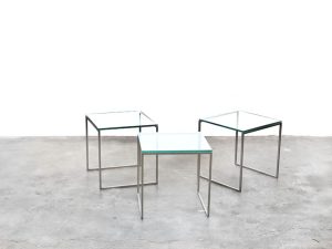 Bebop-minimalistische glazen bijzettafel-set van drie-vintage furniture-bebopvintage