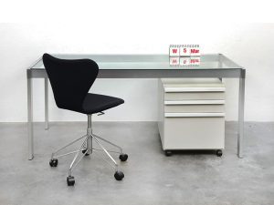 Bebop-glazen tafel-aluminium onderstel-ladenblok Vitsoe-Dieter Rams-vintage design furniture-beb1opvintage