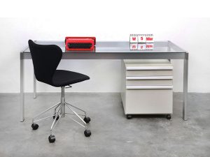 Bebop-glazen tafel-aluminium onderstel-ladenblok Vitsoe-Dieter Rams-vintage design furniture-beb1opvintage