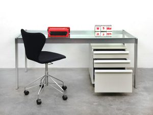 Bebop-glazen tafel-aluminium onderstel-ladenblok Vitsoe-Dieter Rams-vintage design furniture-beb1opvintage