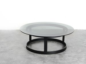 Bebop-Vintage coffee table-salontafel met rond stalen onderstel en glasplaat-vintage furniture-bebopvintage
