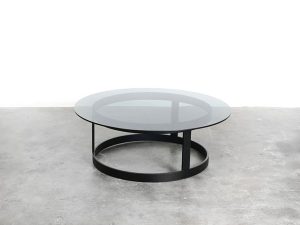 Bebop-Vintage coffee table-salontafel met rond stalen onderstel en glasplaat-vintage furniture-bebopvintage
