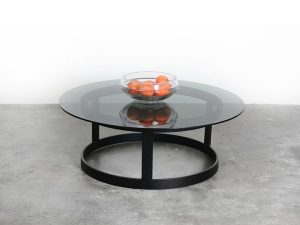 Bebop-Vintage coffee table-salontafel met rond stalen onderstel en glasplaat-vintage furniture-bebopvintage